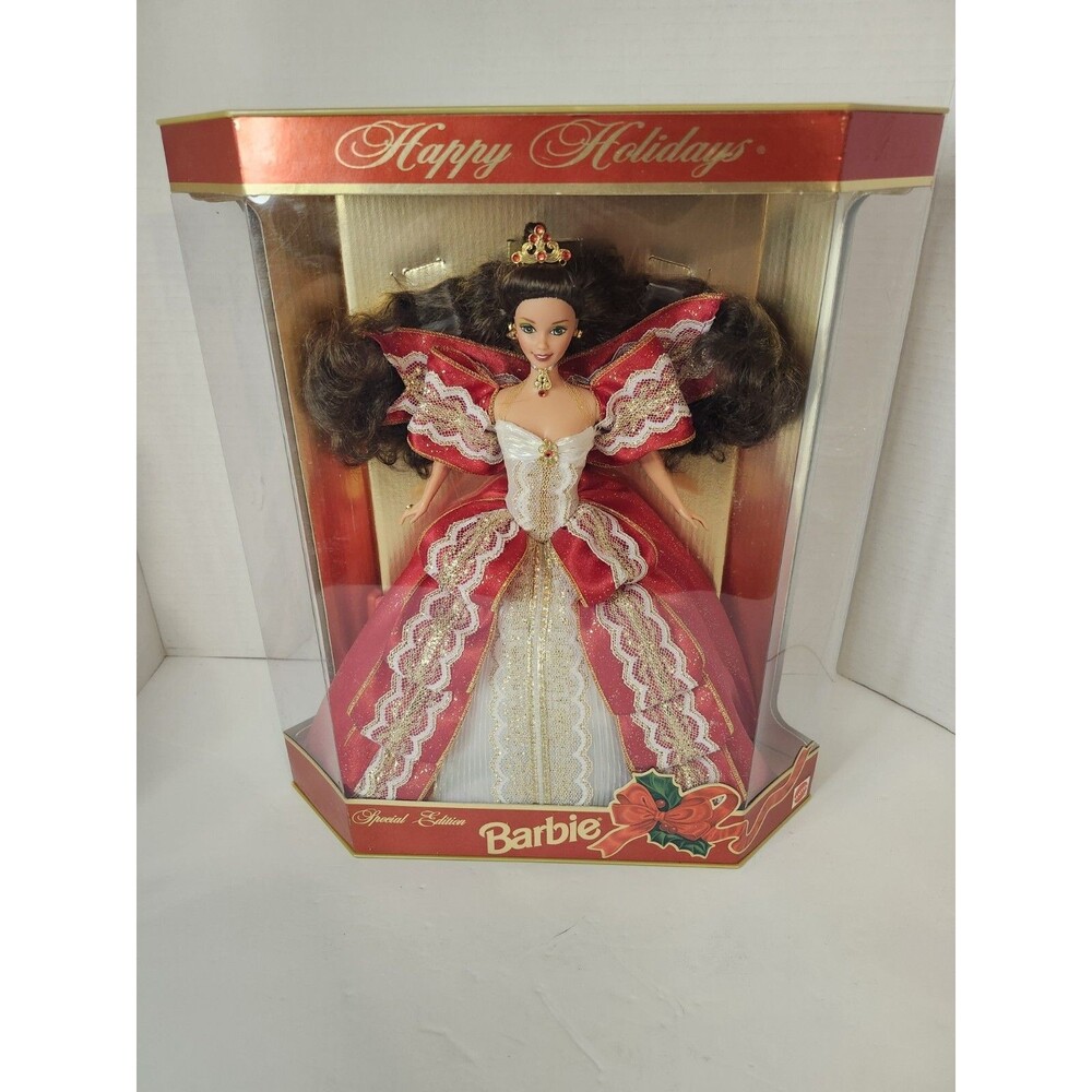 Happy Holidays Brunette Barbie in Red White & Gold Gown 5th Series 1997